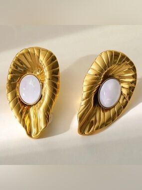 Gold Leaf Earrings with White Stone